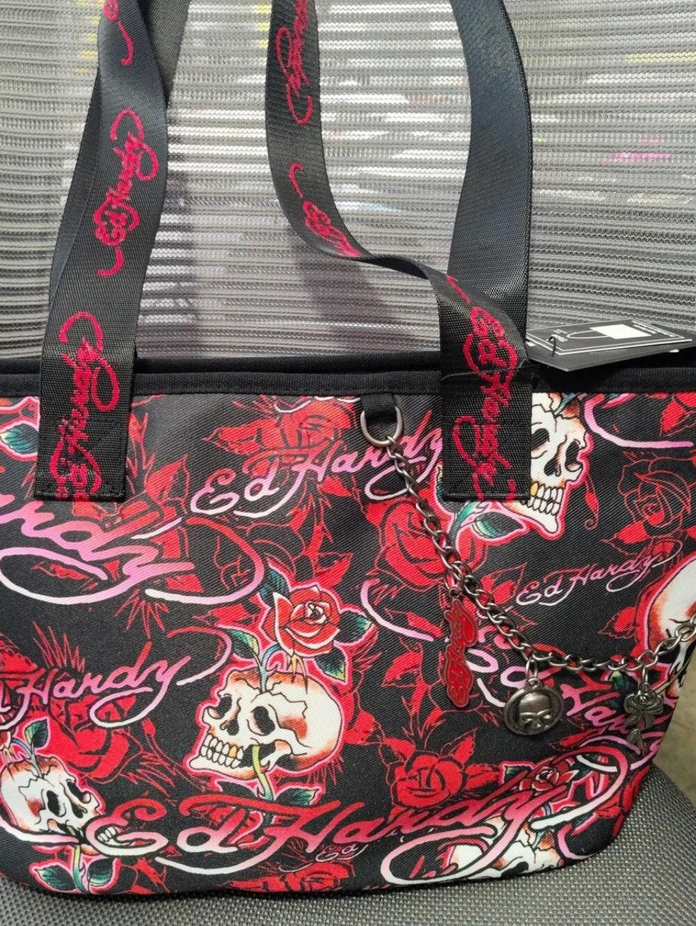 Ed Hardy Black Red and Pink Skull Rose Tote